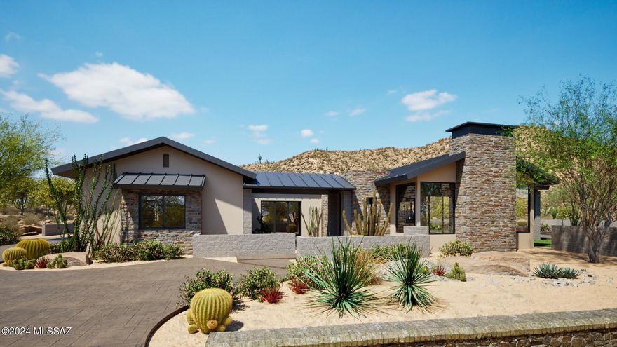 This beautiful Modern Ranch style home is under construction in the gated community of Canyon Pass in Dove Mountain.  The architect designed this home to capture the views, crested hills and saguaros through high windows in the great room; and cascading Tucson Mountain views specifically placed throughout a series of corner windows.  The open floor plan blended with high lofty ceilings, 5 x 10 entry pivot door, large fireplace, expansive windows and sliding glass doors open to the private covered patio, pool, and spa.  The spacious chef kitchen offers a 14′ island, Wolf appliances, Subzero refrigerator, and custom cabinets.   Large format tile throughout the home compliments this symmetrically sophisticated modern home.
