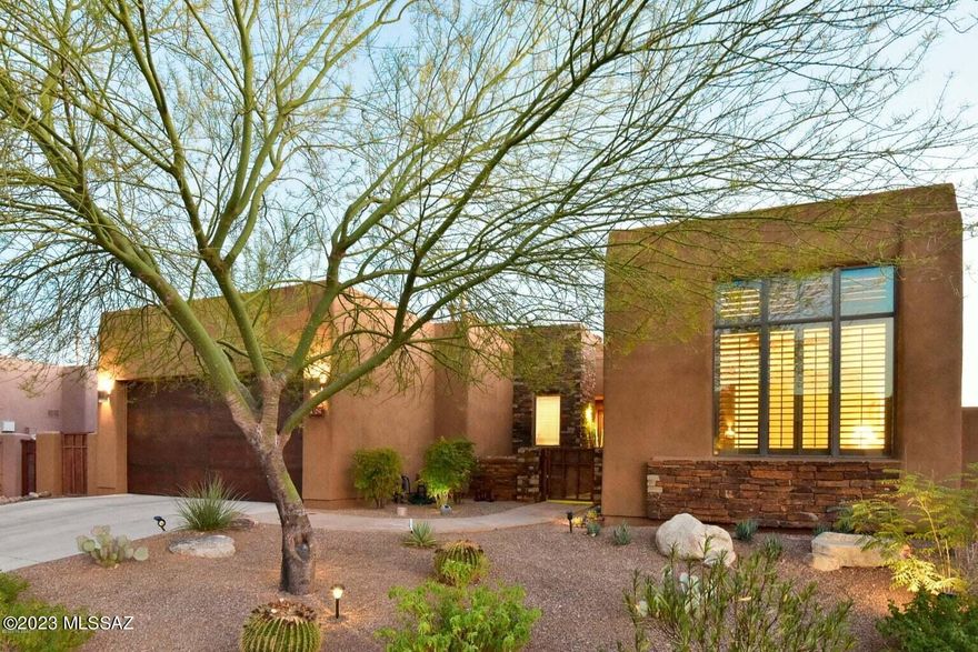 Ideal Custom Home in beautiful Stone Village, gated, mountain views, next to the Vistoso Trails Nature Preserve. ( 6 miles of walking paths ). Home has stacked stone exterior, private courtyard entrance with detached Casita.  The main home has a stunning entry w/Travertine tiles, a Great room with views of the adjacent desert area pool, spa, BBQ, fire pit.  Two sitting areas in the yard. Bosch & Viking appliances, granite counters, custom cabinets. Ceiling fans through out. Features include, intimate alcove, high ceilings, skylights, surround-sound, shuttered view windows.  Master has snail shower, glass block, Jacuzzi tub. Upgrades include, carpeting ( 2020), glass shower doors,  pool deck, and entry finished and stained -2023. 3 Bedrooms plus the office. = 4 rooms.