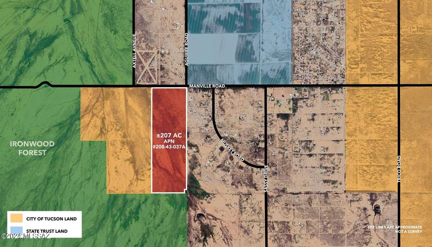 EXPANSIVE +/-207 AC ADJACENT TO IRONWOOD NATIONAL MONUMENT IN AVRA VALLEY-MARANA, AZ! Discover a unique and rare opportunity to own +/- 207 AC of lush, flat land in the rapidly growing Avra Valley/Marana area. Located on Manville Rd. and is zoned RH (Rural Homestead) in Pima County. Paved Road and electricity along its northern boundary, making development straightforward. Perfectly positioned for mitigation purposes, this land is adjacent to Ironwood National Monument, offering an ideal setting for development projects requiring environmental mitigation. This expansive parcel is perfect for various uses: Private Estate: Create a serene private estate surrounded by the natural beauty of the desert landscape. Equestrian Haven: Ideal for a horse ranch, combining proximity to town with the tranquility of rural living. 
Recreational Development: Develop a unique recreational haven or a sustainable farm tailored to your vision. 
 Spacious Acreage: With 207 acres at your disposal, the possibilities are endless.
 Blank Canvas: The land has no existing structures, providing a blank canvas for your development dreams.
 Natural Beauty: Enjoy the serenity of rural living, with stunning sunsets and star-filled skies.
CONVENIENCE AND SECLUSION
Nestled in the picturesque desert landscape, this property offers a perfect blend of seclusion and convenience.
You'll have easy access to urban amenities while enjoying the peace and privacy of rural life.
ADJACENT TO PROTECTED LANDS:
With the Ironwood National Monument next door and surrounded by city and state-owned lands, this parcel is
ideal for conservation or as mitigation land to balance development impacts elsewhere.