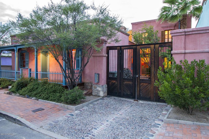 Aros House in the Barrio Libre dates to 1893. This Sonoran adobe has saguaro rib ceilings and fir floors with walls nearly two feet thick. The heart of the house is the cloistered and shaded central courtyard with wall fountain, stairs to the roof terraces for downtown and mountain views, and three pairs of French doors to the north. The adjacent  arcade opens to the rear quad, cobblestone forecourt, guest studio, and spiral stairs between the basement and 2nd-floor master suite. Over 122 years the property has been owned by just 2 families. The Owners added over 2,000 square feet  in 1990-91 with primo architectural salvage including cantera from the original Cathedral of Tucson, antique lights and doors, original hardware, and mahogany flooring.
