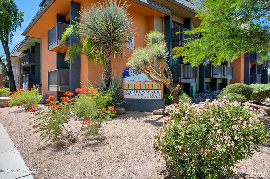 Rare true corner-unit condo with mid-century charm in the heart of central Tucson. Directly across from the University. This 2BD/2BA condo blends character with modern upgrades including granite countertops, stainless steel appliances, dual vanities, double-pane windows, updated electrical panel, and new HVAC (2025). Functional split layout with breakfast bar, in-unit washer/dryer, private balcony with campus views, plus furnishings included. Walk to 4th Ave, downtown, nightlife, restaurants, and shopping. Gated community amenities include pool, study lounge, pool table, and HOA-covered water, sewer, roof, garbage, and common area maintenance. Convenient low-maintenance living in one of Tucson's most walkable locations.