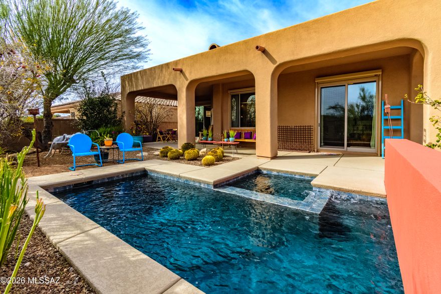 Discover this modern, Scandinavian retreat...a FURNISHED, single-level home, w/i the exclusive, manned-gated Villages of La Paloma Country Club. This 2,022 sq ft home features 4 bedrooms, 2 bath, a split floorplan with no steps & it is the perfect ''Lock & Leave''. Resort living - private refreshing pool/spa. Updated kitchen/breakfast bar opened to the great-room/fireplace. Spacious primary suite with a large walk-in closet & patio access. New concrete bedroom floors, security rolling shutters & tankless water heater/recirc pump. Lmtd warranties in place for a complete reroof in '21 & new HVAC system in '22. This La Paloma Country Club home is elevated over a natural area with mountain views & is near upscale La Encantada shops, restaurants, hiking & cycling. Original owner & a rare find!