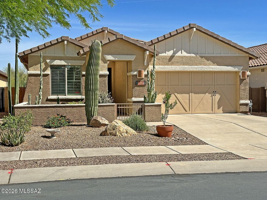 Welcome to this beautifully maintained 3-bedroom, 2-bath home with a den in sought-after Rancho Vistoso. A gracious rotunda entry offers the perfect space to showcase your favorite artwork and sets the tone for the home's inviting design.
The spacious kitchen features abundant cabinetry and generous counter space, opening seamlessly to the living areas--ideal for both everyday living and entertaining. Natural light pours into the living room, kitchen, and den throughout the day, enhancing the home's warm and open feel.
The owner's suite overlooks the tranquil garden and includes a large walk-in closet and private bath. Plantation shutters throughout and tiled floors add style and easy maintenance.
More.... The finished 2-car garage is thoughtfully detailed with painted walls and baseboards, offering a clean, polished space perfect for parking, storage, or projects.
Nestled in a well-established neighborhood, the home features a signature saguaro cactus in the front yard. The private backyard has no rear neighbors and offers peaceful views of the Catalina Mountains. In the evenings, enjoy the serenity of desert living--listen quietly and you may hear the owls hooting, enhancing the sense of calm and privacy. This home has been the seller's sanctuary, and they hope it will become one for you as well.