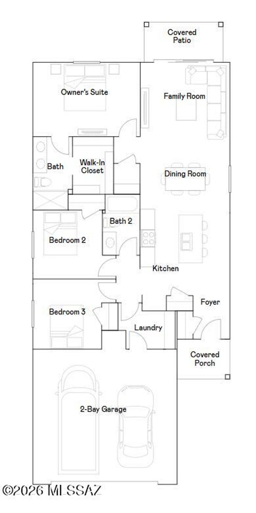 This new single-story home maximizes space for increased tranquility. An open floorplan connects the kitchen, dining room and family room in a modern style that prioritizes functionality. Nearby is a covered patio to promote seamless indoor-outdoor living. On the opposite side of the home are two secondary bedrooms and a tranquil owner's suite with a private bathroom and walk-in closet. This home includes GE® stainless steal appliances, Rinnai Tankless Water Heater, prep for reverse osmosis, Quartz Countertops, 2'' faux wood blinds, LED lighting and so much more! As an added bonus, this home includes a washer and dryer -