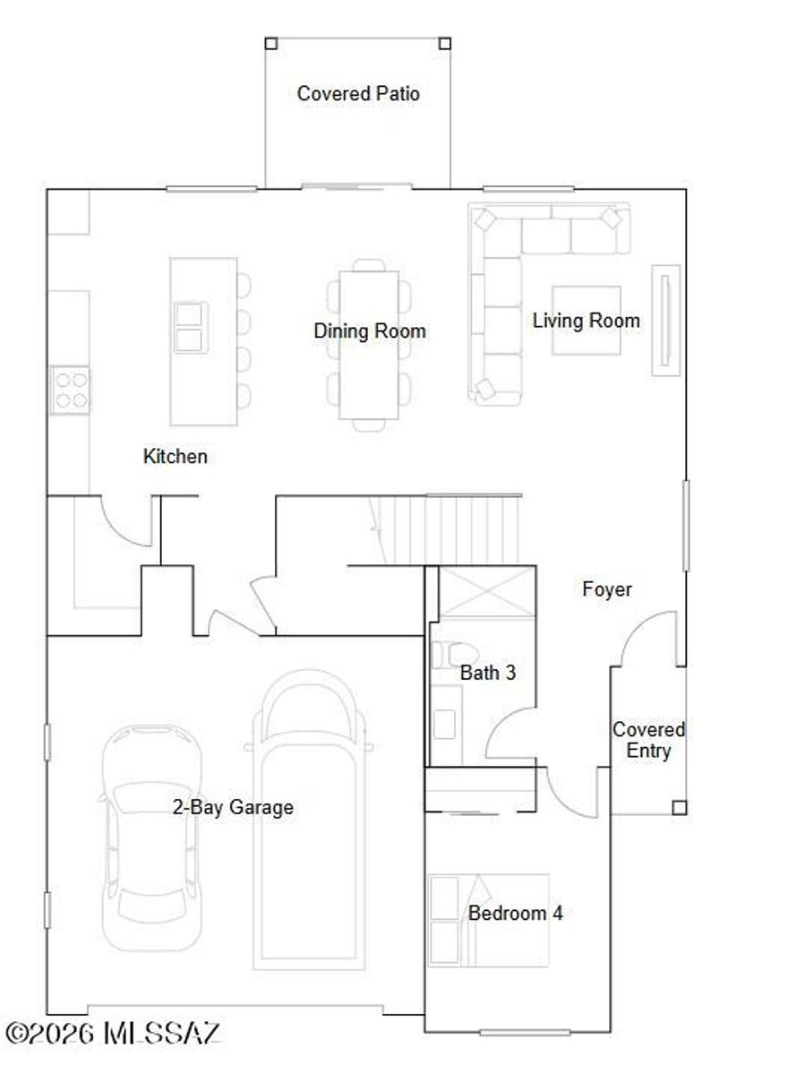 Designed for modern living, this new two-story home features a seamless open-concept layout on the main level, connecting the kitchen, dining room and living area to a covered patio for effortless indoor-outdoor entertaining. A convenient main-level bedroom is perfect for a guest suite or home office. On the second floor, a versatile loft provides flexible living space, surrounded by the generous owner's suite with a walk-in closet and two additional secondary bedrooms.