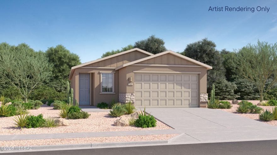 This new single-level home boasts a modern and low-maintenance layout. An open-concept floorplan offers a spacious living area shared between the kitchen, dining room and family room, with convenient access to a patio for effortless outdoor recreation. Three bedrooms are tucked away to the side for enhanced comfort, including the luxe owner's suite at the back of the home with a full-sized bathroom. Our homes come with Quartz Countertops, the Rinnai Tankless Water Heaters, Smart Thermostats, Post-Tension Foundation, Radiant barrier roof decking, 2'' Faux Wood Blinds and more! As an added bonus, this home includes a washer and dryer—move-in ready and waiting for you!