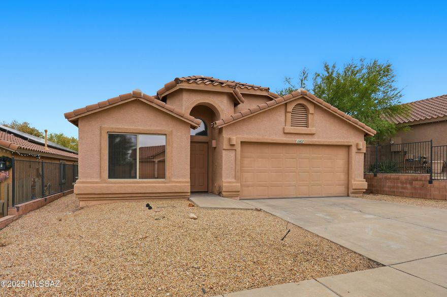 Rancho Del Lago beauty! VA assumable loan at 2.75% (buyer to qualify). This 1,812 SF single-story home offers 3 bedrooms, 2 baths, and a 2-car garage, ideally located on a cul-de-sac with scenic views on approach. Freshly painted interior and kitchen cabinets. The open layout features vaulted ceilings, a gas fireplace, oversized bedrooms, and ceramic tile throughout, with carpet in the bedrooms. The kitchen features granite countertops, stainless steel appliances, a gas range, and an island with breakfast bar. The primary suite includes a walk-in closet and an ensuite bath with a walk-in shower. Leased solar. The backyard offers concrete and artificial turf, ideal for outdoor use. Convenient to shopping, dining, outdoor recreation, and easy access to I-10.