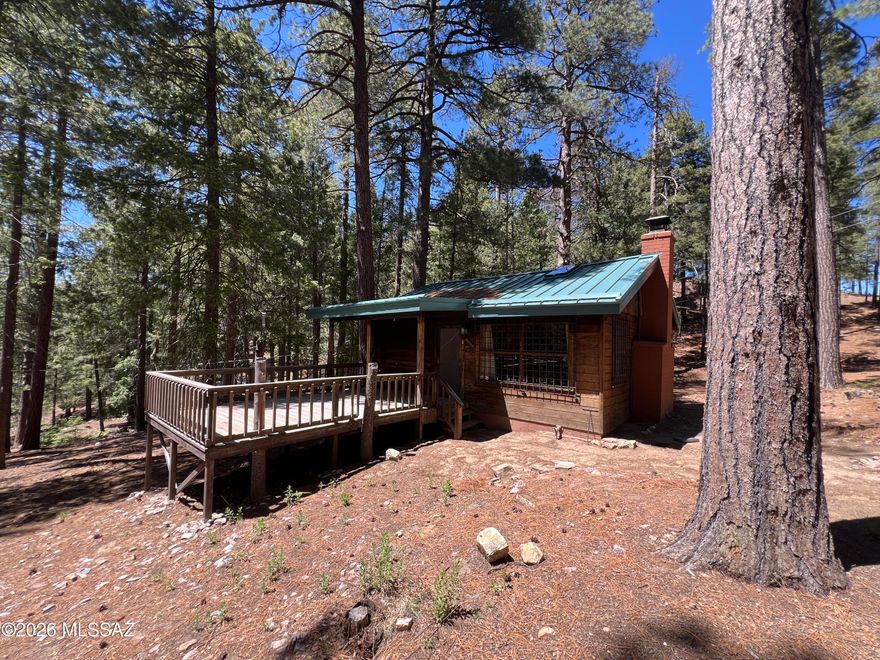 Nostalgic, charming, and affordable -- a retro cabin that feels like stepping into your grandparents' place. Tucked in old-growth forest at 8,000 ft, just 3 miles from Summerhaven, this cozy hideaway sits at the end of a quiet one-lane road. All-original knotty pine and an open plan make it easy to maintain. The open ceiling rises to a skylight, filling the space with light. Sleeps 8, including an open loft. A big stone fireplace anchors the living area, and plentiful windows frame wooded views. Wrought-iron security adds rustic charm. The deck brings the forest close. New metal roof, upgraded electric, updated fixtures, and new plumbing to septic. Includes all Furnishings!  **Located on Forest Service land where you own your cabin with a special use permit for use of the land...
