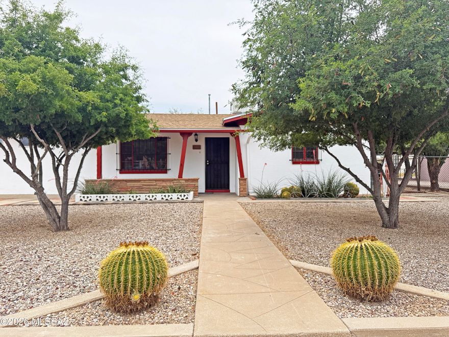 Move-In Ready with Expansion Potential! Home features ceramic tile throughout and fresh interior & exterior paint.    Major improvements include a new roof with warranty and whole-house replumb with Perma-Coat (30-year warranty) for added peace of mind. Situated on a large R-2 lot, offering excellent potential for an ADU or pool. Inside enjoy the fireplace in a large living room with beautiful coved textured ceiling.  2 bedrooms with walk-in closets plus a versatile bonus room with a separate wall A/C -perfect as a 3rd bedroom, office, gym, or media space. Brand-new bathroom and laundry room which offers potential for a second bathroom conversion. Spacious kitchen includes area for eat-in dining and gas stove hookup.  Close to U of A, Banner University Medical Center, shopping & Cat Tran! A/C has been refurbished with all new components.
2 sheds in backyard (in much better condition than they look).