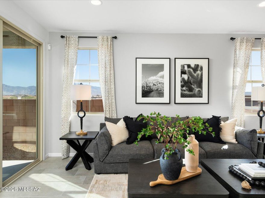 Move in Ready. Appliances Included. Energy Efficient.

The versatile teen room adds the perfect bonus space for homework, movie nights, or gaming. This 4-bedroom, 3-bath home showcases stylish finishes, including crisp white cabinetry, white-and-gray countertops, a sleek white tile backsplash, wood-look tile flooring, and cool neutral carpet from the Refined package.
Located in the new master-planned community of Mandarina in Marana, residents will enjoy upcoming amenities like a pool, pickleball courts, playgrounds, a dog park, and more. Move-in ready with washer, dryer, refrigerator, and whole-home blinds included, plus energy-efficient features designed for lasting comfort, savings, and peace of mind.