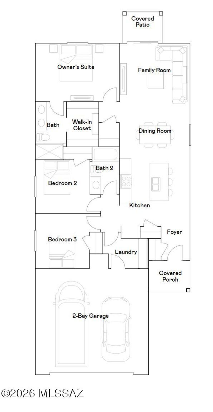 This new single-story home maximizes space for increased tranquility. An open floorplan connects the kitchen, dining room and family room in a modern style that prioritizes functionality. Nearby is a covered patio to promote seamless indoor-outdoor living. On the opposite side of the home are two secondary bedrooms and a tranquil owner's suite with a private bathroom and walk-in closet. This home includes GE® stainless steal appliances, Rinnai Tankless Water Heater, prep for reverse osmosis, Quartz Countertops, 2'' faux wood blinds, LED lighting and so much more! As an added bonus, this home includes a washer and dryer.