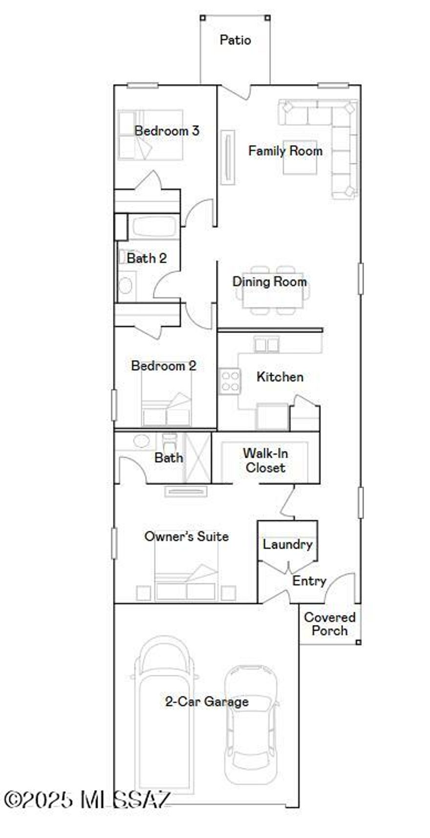 This new single-story home features a modern layout with room to grow. The stylish kitchen shares a footprint with the living and dining areas, and a covered patio provides convenient outdoor access. Three bedrooms are placed to the side of the home, including the luxe owner's suite, complete with an en-suite bathroom and generous walk-in closet. Our homes come with the Frigidaire Stainless Steel Appliances, Rinnai Tankless Water Heaters, Post-Tension Foundation, Taexx built-in pest control system, Radiant barrier roof decking, 2'' Faux Wood Blinds and more!