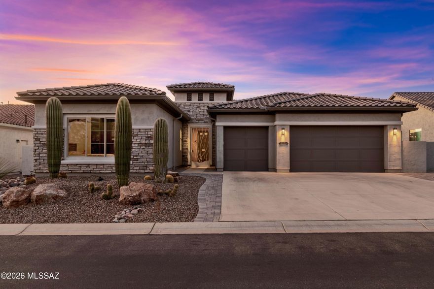 Perfectly positioned on the 16th hole of the prestigious SaddleBrooke Ranch Golf Club, this luxurious and highly upgraded popular Vienta floor plan offers the ultimate blend of elegance, comfort, and breathtaking desert beauty. Showcasing 2,648 square feet of thoughtfully designed living space,this exceptional residence features 3 spacious bedrooms, 3.5 baths, and an expansive den/office with privacy doors--perfect for working from home or accommodating guests.
From the moment you arrive, the custom front security screen door and welcoming courtyard set the tone for the refined finishes found throughout. Inside, soaring ceilings, upgraded flooring, solid core doors, and sound-insulated walls create a quiet, sophisticated atmosphere filled with natural light and expansive golf course views The gourmet chef's kitchen is truly the heart of the home, beautifully appointed with quartz countertops, designer tile backsplash, upgraded cabinetry with custom hardware, stainless steel appliances, full-extension soft-close drawers, and a spacious walk-in pantry. The open-concept design flows seamlessly into the large great room with built-in cabinetry and a separate dining area--ideal for both everyday living and effortless entertaining. 
The luxurious primary suite is a true retreat, featuring dual vanities, an upgraded curbless walk-in shower with floor-to-ceiling tile, and an expansive walk-in closet. Two additional guest suites each offer full private baths, creating comfort and privacy for family and visitors alike. 
Step outside to your expansive covered patio with epoxy coating, where panoramic golf course, mountain, and sunset views create an unforgettable backdrop. The backyard is designed for easy Arizona living with low-maintenance landscaping, rolling shutters, and optional pavers enhancing the front entry. 
Additional highlights include a large 3-car garage with beautiful epoxy floors, whole-house water softener system, laundry room cabinetry with additional storage, and 6-inch rain gutters already installed. Offered fully furnished, this home presents a rare turnkey opportunity--allowing you to begin enjoying the SaddleBrooke Ranch lifestyle from day one. 
Located within one of Southern Arizona's most sought-after 55+ resort communities, residents enjoy world-class amenities including golf, dining, fitness, pickleball, and an active social lifestyle.
This is more than a home, it's a lifestyle. And opportunities like this, with golf course frontage, stunning views, luxury upgrades, and furnishings included, are exceptionally rare.