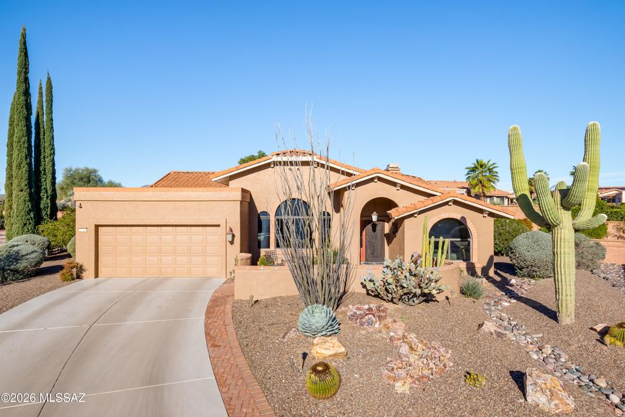 Set on a quiet cul-de-sac in Sun City Oro Valley, this rare Breckenridge plan offers privacy, sweeping Catalina mountain views & extensive upgrades throughout. The 2,584sf home has 2BR, 2BA, dedicated office, formal living space, family room w/gas fireplace & flexible dining areas designed for both everyday comfort & entertaining. At the heart of the home is a beautifully reimagined kitchen by Southwest Kitchens & Bath, completely reconfigured to maximize storage & light. Cambria quartz countertops, self-closing dovetail maple cabinetry & premium appliances including Dacor cooktop, GE Advantium microwave, KitchenAid fridge & dishwasher & Frigidaire dual ovens. Just beyond the kitchen, a sun-filled bonus room adds unexpected versatility & includes a indoor grill w/exhaust fan. High ceilings enhance the formal living/dining room & family room, while updated flooring includes 20" tile through most of the home, luxury vinyl in the formal living/dining room, wood flooring in the office & newer luxury plank vinyl in guest bedroom. The split bedroom layout provides exceptional guest privacy. The primary suite offers patio access, a California Closet system & spa-like bath w/custom cabinetry, an enlarged shower, makeup station & oversized linen closet. Additional highlights include Hunter Douglas blinds & plantation shutters, flush-mount whole-house audio, updated bathrooms, new exterior paint (Nov 2025), mostly new interior paint, a 16-SEER HVAC system, mini-split for an air-conditioned garage &  abundant storage throughout including an unusually large laundry room. Outdoor living is equally impressive with a front courtyard capturing Catalina views & large, brick paver rear patio surrounded by professional landscaping. Designed by Paul Cutler, the backyard includes dwarf citrus trees; lime, lemon, orange & grapefruit. This move-in-ready home also conveys wall-mounted TVs, LG washer & dryer & Murphy bed in the office. A rare combination of mountain views, thoughtful upgrades, & generous indoor-outdoor living is one you won't want to miss offering access to an active, resort-style lifestyle. Residents enjoy championship golf, tennis & pickleball courts, swimming pools, a fitness center, walking paths, clubs, classes & countless social activities-all set against the backdrop of the Santa Catalina Mountains. With its vibrant community amenities & beautifully updated, private setting, this home delivers the perfect balance of luxury, comfort & lifestyle.