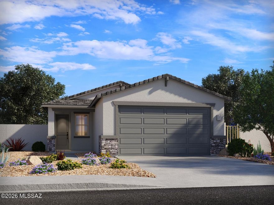 Brand new, energy-efficient home available by Jun 2026!  The Quartz floorplan in Tucson, Arizona features an open concept layout with 3 bedrooms and 2 bathrooms.  Maximize your living space with a flex room just off of the kitchen.  There is room for your entire wardrobe in the primary walk-in closet.  Mandarina is now selling in Marana, AZ.  This master-planned community will feature amenities such as a swimming pool, pickleball courts, playgrounds, dog park and more.  Move-in ready with a washer, dryer, fridge, and whole-home blinds; closing in 60 days or less - guaranteed.  We'll reimburse up to $5,000 for delays we cause.  Each of our homes is built with innovative, energy-efficient features designed to help you enjoy more savings, better health, real comfort and peace of mind.