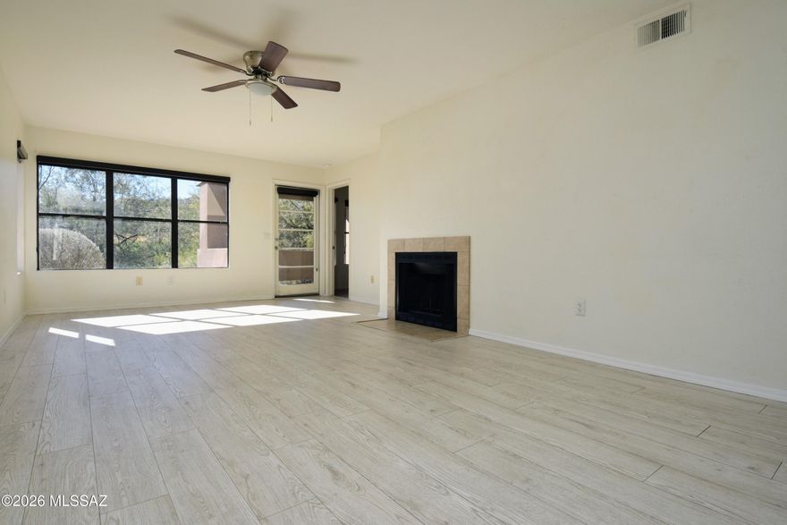 Ground Floor Greens at Ventana Canyon 2 Bed 2 Bath Condo. 967 SQ FT. The Greens is a beautiful community situated in the NE foothills and right on the Ventana Canyon Golf Course. A 5-minute drive gets you to all the amenities, dining, banking, grocery, and fitness options at Sunrise/Kolb. The community has a fitness center, pool, spa, outdoor fireplace, and expansive outdoor seating area. Unit 11106 has laminate wood floors, great natural light from the many windows, a fireplace, and a view of the course to the south from the patio. The kitchen has updated stainless steel appliances. The primary suite has a private bath and walk-in closet. Full-size washer/dryer. Covered parking. This condo is offered as NON-SMOKING. Pets are subject to owner approval.
