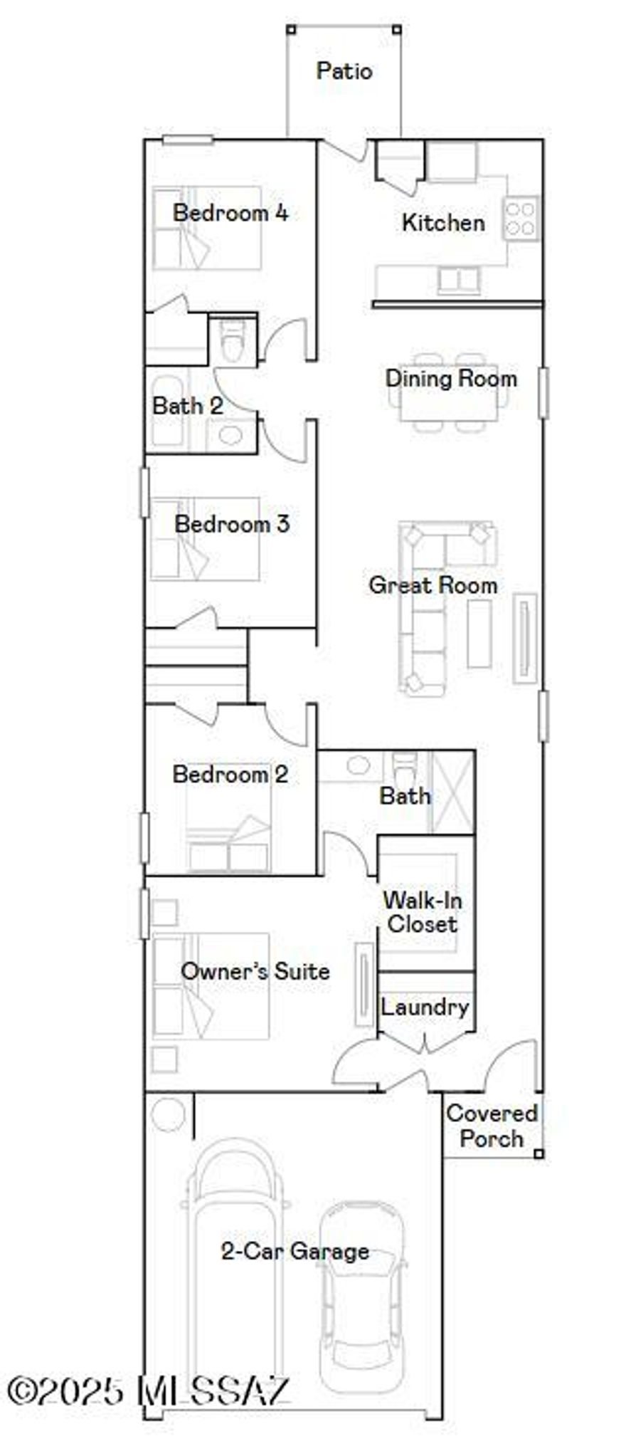 This new single-story home features a modern layout that is host to an open-concept floorplan consisting of the kitchen, dining room and Great Room. Four bedrooms are tucked away to the side of the home offering enhanced privacy, including the luxurious owner's suite with an en-suite bathroom and walk-in closet. A two-bay garage completes the home. Our homes come with Quartz Countertops, Frigidaire Stainless Steel Appliances, Rinnai Tankless Water Heaters, Post-Tension Foundation, Taexx built-in pest control system, Radiant barrier roof decking, 2'' Faux Wood Blinds and more!