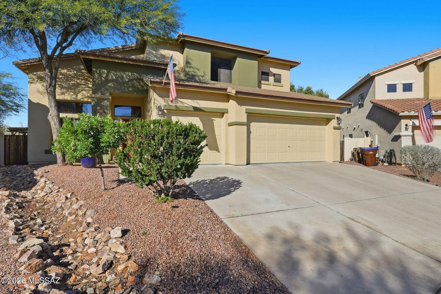 Welcome to this beautifully maintained home featuring a spacious open floor plan designed for both everyday living and entertaining! The primary suite is conveniently located downstairs, offering privacy and comfort. The kitchen and bathrooms have been tastefully updated and include newer appliances, blending modern style with functionality. Major upgrades include a NEW ROOF, Salt Water Pool, and water softener for added peace of mind.  Step outside to enjoy the beautiful yard, no rear neighbors, a beautiful pool & complete with an outdoor kitchen. This home also features leased solar panels. An assumable VA loan is available for a qualified buyer at an exceptional 2.25% rate! This home offers the ideal combination of comfort, upgrades, and privacy. Make this incredible home yours!