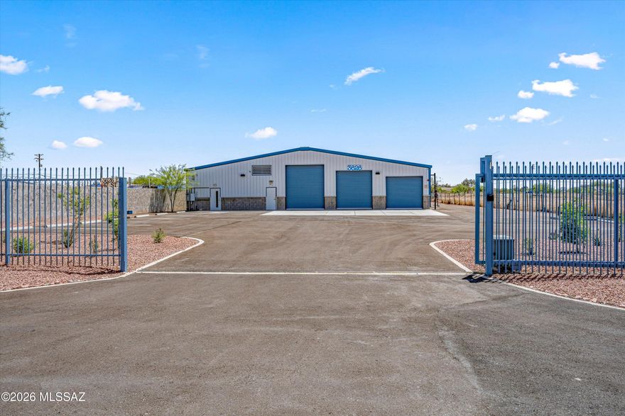 Industrial warehouse, 8800 sf, .75 acre CI2 zone features eight roll-up bay doors with 14', 12', and 10' clearances, providing flexible loading options for a variety of vehicle and equipment types. The yard is secured with perimeter fencing and an electric gate, offering controlled access and full usability of the paved lot.  This property offers excellent connectivity with quick access to I 10 and Aviation Parkway, making it ideal for distribution, fabrication, logistics, or service operations.  
Inside, the building includes a modern office suite, two restrooms, and AC cooled office space. The warehouse is equipped with three new evaporative coolers, ensuring comfortable working conditions. Additional improvements include landscaping with a drip system and 480 volts of 3 phase power, supporting heavy equipment and high demand electrical needs.
A versatile, well maintained industrial asset ready for immediate use. Situated in Pima County jurisdiction with 6.1% sales tax.