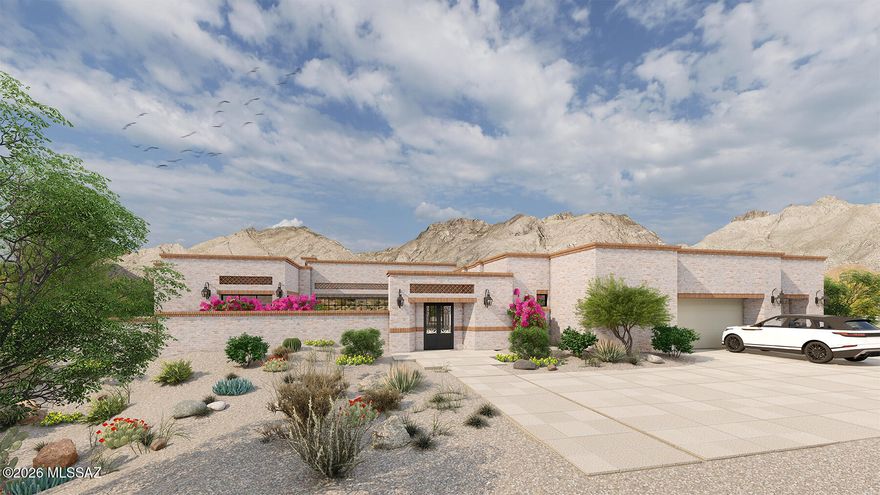 Imagine your brand new ''La Quinta'' home, to be built on 3.44 acres in Quintana in the Catalina Foothills, arguably one of Tucson's finest view lots, with unobstructed city, Catalina Mountain, sunrise and sunset views, 4,200 sq. ft., 4 bedroom, 4½ bath, 3 car garage home with pool and spa. Contemporary desert vernacular is an architectural language grounded in place, according to local architectural historian R. Brooks Jeffery, respecting the delicate Sonoran Desert environment, and incorporating time-honored design principles with contemporary interpretations that reflect the cultural characteristics unique to Tucson. Situated on Lot 12 in gated Quintana in the Catalina Foothills, this residence offers unmatched city and mountain views and a level of construction quality rarely seen in today's new builds. Designed by renowned architect Michael Franks and brought to life by La Quinta Building Company, this architecturally significant home will be built to endure, featuring masonry construction with mortar-washed brick details along with steel casement windows and doors with dual-glazed high-efficiency glass.  Inside, the spacious great room showcases walls of glass, a beamed ceiling, and a carved limestone fireplace, seamlessly blending indoor living with the surrounding desert landscape. Scored, integral-color concrete floors flow throughout the home, complemented by custom alder wood and glass cabinetry and 8-foot solid wood interior doors, every detail carefully chosen to elevate the home beyond standard finishes.
The gourmet kitchen features a generous center island, natural quartzite countertops, and a premium appliance suite including Sub-Zero, Wolf, and Cove.  This home offers two primary suites, each with spa-like en-suites featuring quartzite tub decks, custom limestone tile and glass shower enclosures, custom-designed walk-in closets with built-in organization, state of the art mechanical and other systems.
Outdoors, a brick driveway and courtyard entry, hand-forged wrought iron gates and railings, and professionally designed hardscape and landscape create a striking first impression. The expansive rear porch captures panoramic views of sparkling city lights and the surrounding mountain ranges. This single-level home exemplifies architectural integrity and enduring quality, as an extension of its natural surroundings creating harmony between architecture and nature. Located just minutes from premier golf courses, country clubs, and world-class dining and shopping.
