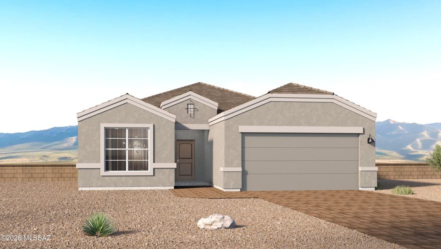 This home has not yet started construction, and is still able to be customized! Stop by to see our brand new model home, and available lots today!
Introducing the Hampton - a thoughtfully designed new floor plan at Solterra by D.R. Horton in Green Valley. Offering 1,658 square feet of well-planned living space, the Hampton blends modern convenience with timeless style, creating a home that is both inviting and efficient. 
Upon entering, you're welcomed into an open-concept design that maximizes every square foot. The expansive great room anchors the home and flows seamlessly into the dining area and kitchen, making the space ideal for everyday living and entertaining alike. The kitchen features a spacious center island, quartz countertops, Shaker-style cabinetry, and a dedicated pantry, delivering a clean, modern aesthetic with ample storage for all your culinary essentials.
The Hampton offers two bedrooms and a versatile study, providing flexibility for guests, hobbies, or a home office. The primary suite is thoughtfully positioned at the rear of the home for added privacy and includes a walk-in closet and a well-appointed en-suite bathroom. Near the front of the home, the guest bedroom offers convenient access to a full bathroom, ensuring comfort for visitors.
Designed with both comfort and functionality in mind, the Hampton includes a utility room conveniently located near the kitchen and garage, offering easy access to the laundry area and additional storage. A covered back patio extends the living space outdoors--perfect for relaxing and enjoying Green Valley's beautiful year-round weather.
Homes at Solterra showcase elegant interiors paired with distinctive exterior features, including sand stucco finish, landscaped front yards with auto drip irrigation, and fully fenced backyards. Covered back patios create inviting spaces to unwind and take in Green Valley's breathtaking sunsets. Inside, D.R. Horton's Home is Connected® Smart Home package enhances everyday living with a smart thermostat, video doorbell, keyless entry, and a Wi-Fi-enabled garage door opener. 
Outdoor enthusiasts will appreciate the close proximity to scenic neighborhood parks, Colossal Cave Mountain Park, and an abundance of walking and biking trails that weave throughout Green Valley--making the Hampton an ideal blend of comfort, style, and outdoor living.