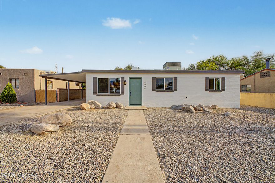 Fully renovated with upgrades throughout, this move-in ready home features a functional floor plan with a laundry room.   Improvements include a new built-up roof, new gas package HVAC with ductwork and new gas water heater. Exterior offers fresh two-tone paint and cleaned landscaping. Interior highlights include new windows and doors, matte black hardware, Luxury plank flooring throughout with new carpet in bedrooms, and updated baseboards. The modern kitchen features new cabinets, quartz countertops, tile backsplash, and stainless steel appliances including gas range, dishwasher, and OTR microwave, plus a new sink and disposal.  Both bathrooms are fully updated with new vanities, fixtures, and tile surrounds. The primary suite includes backyard access and a walk-in tiled shower.