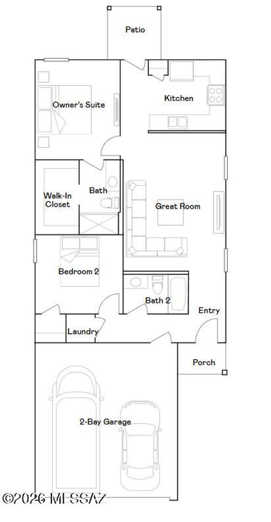This new home features a convenient single-story layout that is host to an inviting open floorplan consisting of the kitchen and Great Room, with a patio offering outdoor access off the main living area. Two bedrooms are tucked away to the side of the home, including the luxurious owner's suite, complete with a spa-inspired bathroom and walk-in closet. A two-bay garage completes the home. Our homes come with Quartz Countertops, the Frigidaire Stainless Steel Appliances, Rinnai Tankless Water Heaters, Post-Tension Foundation, Taexx built-in pest control system, Radiant barrier roof decking, 2'' Faux Wood Blinds and more!