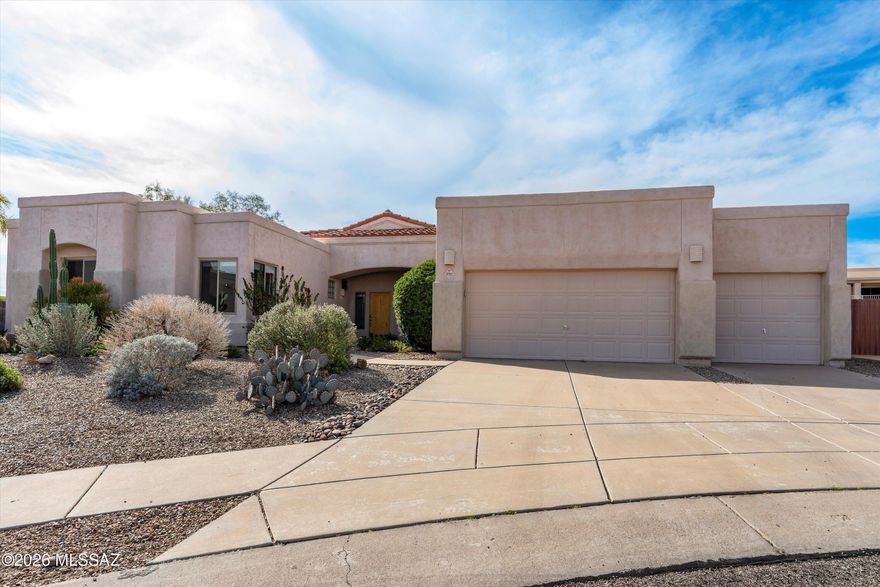 Situated on a quiet, elevated cul-de-sac in the sought-after Monterra Knolls subdivision, this spacious 2,507 sq. ft. home offers the perfect blend of comfort, style, and location in scenic Oro Valley. The split floor plan features four bedrooms, 2.5 bathrooms, 3 car garage and a den/office area. Recent updates include brand-new carpet and fresh interior paint, creating a bright, move-in-ready feel enhanced by natural light throughout the home. The open kitchen has granite countertops, and ample cabinetry, seamlessly connecting to the main living areas for effortless entertaining. The primary suite is complete with a walk-in closet and well-appointed bath. Low-maintenance yard including a swimming pool. Flat roof coated March 2026, both HVACs , water heater and solar panels installed 2019.