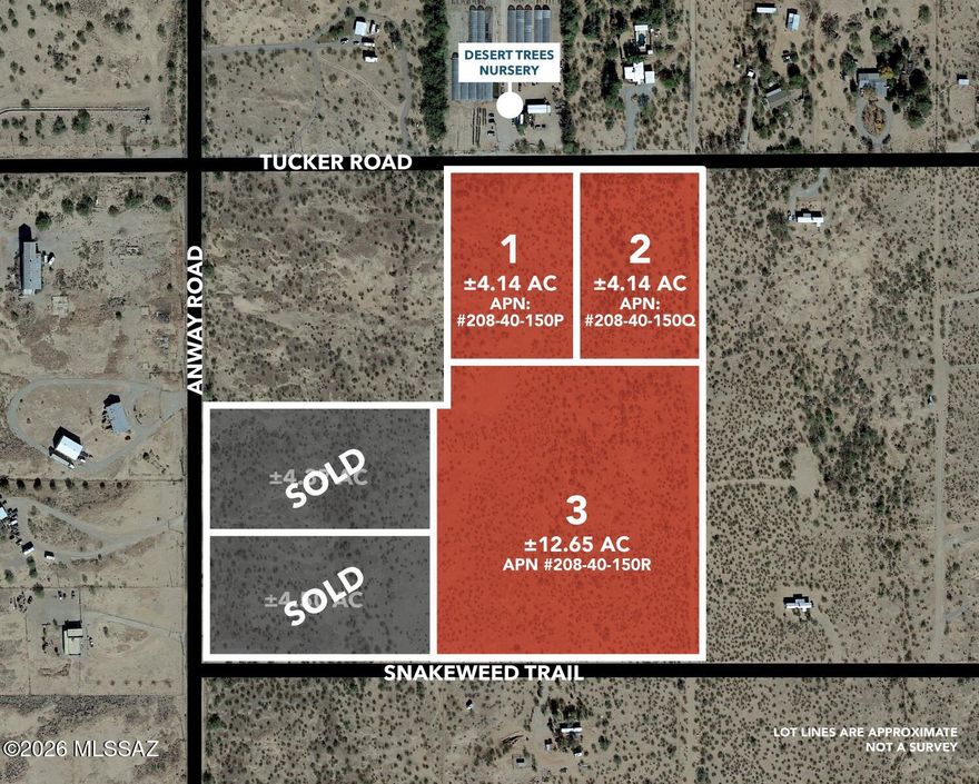 Prime opportunity to own ±20 acres in the growing Avra Valley/Marana area, located near the intersection of Anway and Tucker. Seller will sell all or part. This flat, highly usable property features paved access near Anway Road with power at the property line, making it ideal for immediate development or long-term investment.  Surrounded by large land holdings owned by the city for water rights, the area is expected to maintain its wide-open space and rural character for years to come. The property offers beautiful desert scenery and is conveniently located near Ironwood Forest National Monument and Saguaro National Park. Some parcels are adjacent to a large, established nursery, adding a unique setting and potential agricultural appeal. Zoned RH (Rural Homestead) in Pima County, the property allows for a wide range of uses including single-family homes, duplexes, triplexes, manufactured homes, guest houses, agricultural uses such as nurseries, and the raising of livestock. It is also well-suited for horse properties, private or commercial stables, and rural lifestyle development. Utilities include power at Anway and Tucker, with water typically provided by well or nearby water companies in the area. Access is primarily paved via Anway Road, with additional access from dirt roads including Tucker and Snakeweed. The flat topography makes this parcel easy to build on and highly versatile for a variety of uses. Strategically positioned near the proposed Interstate 11 corridor and just minutes from new commercial growth, including a Dollar Tree approximately two miles north, this property offers strong long-term investment potential. Whether you are looking to build a custom home, establish a ranch or nursery, or secure land in the path of growth, this is a rare opportunity in a desirable location. Seller will consider selling all or part. Agent/Owner.