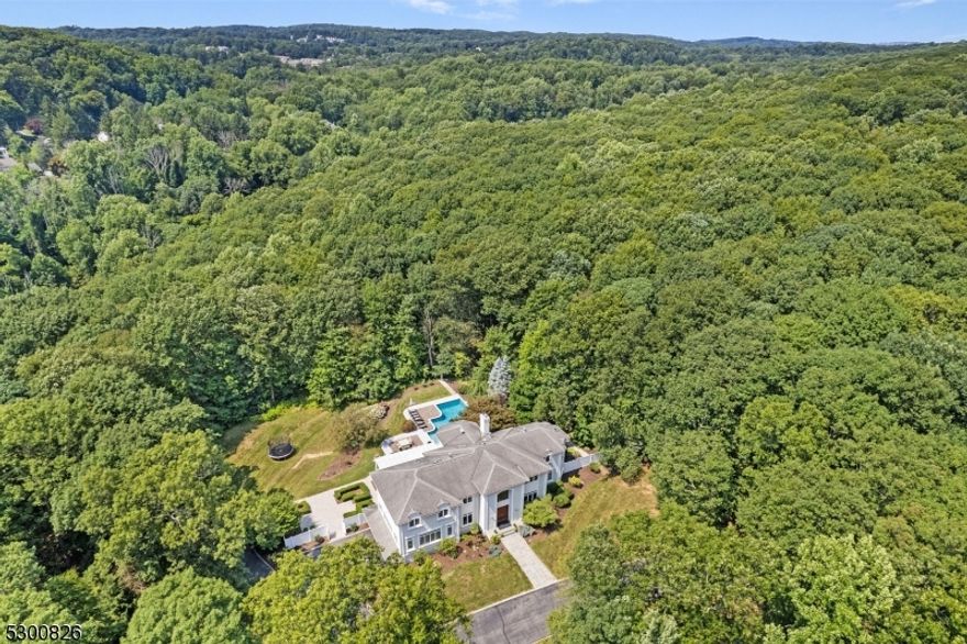 Utterly spectacular hard coat stucco custom home personifies elegance & sophistication. Coveted east Mendham Twp commuter-friendly location sited prominently on a private cul-de-sac lane with over 7.2 acres of picturesque woodlands including 6.2 acres that are farm assessed.  12 rooms including 5 bedrooms (first floor guest bedroom), four newly renovated full baths providing each bedroom with en suite access, two attractive updated powder rooms, 3 gas fireplaces, towering entryway, gorgeous designer kitchen, soaring great room, resplendent family room with eat-in area, handsome home office, media room, and a superb primary bedroom suite with sitting room and renovated bath. This over 5,400 sq ft luxury home has a comfortable, spacious floor plan and seamless flow with the added utility of a sprawling, partially finished lower level with walk-out, plus 3-car attached garage wit private meandering driveway, rear deck with pergola and outdoor kitchen, two spacious paver patios, totally refurbished in-ground heated swimming pool with cascading waterfall, swim-up bar/serving station, and showcase property bordered on all sides by rustic woodlands ensuring the utmost privacy.  Prized National Blue Ribbon elementary and middle schools, and top-rated high school recognized for its advanced placement International baccalaureate  Program (IB).