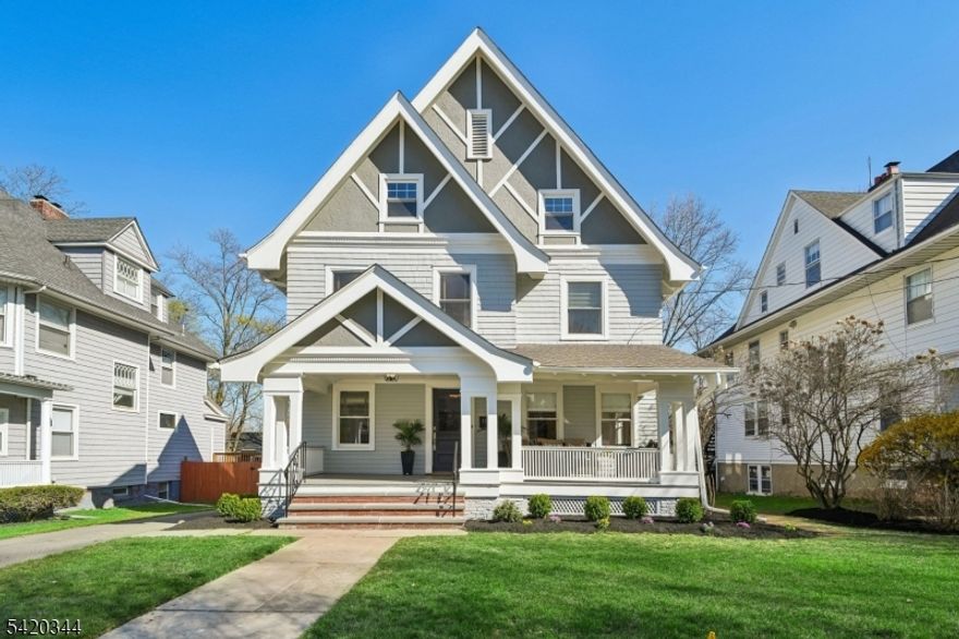 Urban sophistication meets suburban ease in this meticulously renovated 1897 colonial with Victorian charm, where timeless architectural detail blends modern comfort. A gracious front porch welcomes you, perfect for a morning coffee or evening relaxation. Exquisite original woodwork, wainscot panels, pocket doors and intricate moldings create a warm atmosphere.  The main level offers a seamless flow for everyday life with the cozy Den, Formal DR, Formal LR with a gas FP and stunning leaded glass window and to top it, a fabulous custom wet bar perfect for entertaining. The eat-in kit is spacious with custom cabinetry, SS appliances and tiled floors, along with an adjacent powder Rm and a mudroom. The second floor features the primary ensuite bedroom with separate dressing area and an abundance of closets and large primary bath with shower, two additional, large bedrooms, and a main bathroom with tub shower. The third floor is spacious and features two bedrooms, office and full Bath along with attic storage access.  The recreation/media/gym is found in the lower level, amazing hangout space, laundry Rm and lots of storage. Additional highlights include a detached 3 Bay car garage, private yard, new deck, new stone front steps, C/A 3 zones, ADT security sys, newly painted Interior/exterior located between two train stations and proximity to beloved Watchung Plaza, shops, restaurants, schools. Zoned R2 with the potential for a two-family conversion. A true Montclair gem!