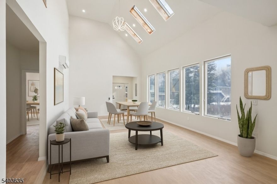 Welcome home to this newly constructed 3-bedroom, 3-bathroom Colonial nestled on a wooded lot in the heart of Wayne, where modern design meets everyday comfort. Step into the inviting entry foyer that opens to a bright, open main living space. The sunlit living and dining room combination features soaring ceilings, skylights, and expansive windows, creating an ideal setting for daily living and entertaining. The dining area flows seamlessly into the beautifully designed kitchen with custom cabinetry, quartz countertops, a center island, and brand-new appliances perfect for gathering and making memories. Down the hall, the first floor primary bedroom offers a peaceful retreat complete with walk in closet, full bathroom and access to the private balcony. A second bedroom and full bathroom complete the main level. Retreat upstairs to discover a spacious family room, ideal for relaxing, hosting movie nights or entertaining. Sliding glass doors lead out to the balcony.  A generously sized bedroom, full bathroom, and laundry room complete the level. The fully finished walk-out ground level provides exceptional bonus space, perfect for a den, home office, gym, or hobby room. Sliding glass doors from the kitchen lead to a rear deck, ideal for outdoor entertaining, grilling, or al fresco dining surrounded by nature. A 1-car attached garage completes this thoughtfully designed new construction home, offering space, style, and comfort indoors and out.