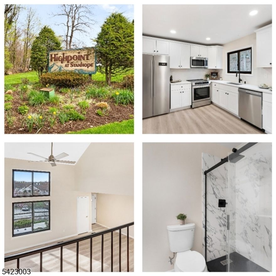 Newly Renovated Multi-Level Townhome! Front entry foyer to the spacious living room with cathedral ceilings.  A few steps up to additional living space - dining room, powder room, and gorgeous kitchen with white cabinets, granite countertops, new stainless steel appliances, and a separate eating area, offering plentiful storage. The next-level loft area is enclosed with a large closet. The top floor opens to a beautiful primary bedroom with a stunning, updated bathroom, a gorgeous walk-in shower, and a walk-in closet.  Adjacent room offers versatile space - seller has positioned it as a 2nd bedroom, office, or den.  The lower-level footprint includes a comfortable family room, a laundry/utility room, and additional storage. Slider from the kitchen to a private deck with a view of the woods, perfect for outdoor entertaining or relaxation. All new flooring and newly painted, there is nothing to do but move in! Public Sewer & Water, Roof 2013, Central Air.  Highpoint amenities include a pool, clubhouse, and more. Excellent commuter location - so close to Routes 206/183, 46 & 80. Convenient to shopping, dining & recreation. Per floorplan, appx 1554 sf of usable living space! NOTE: Some photos have been Virtually Staged.Washer/Dryer available AS IS, was prior owners.