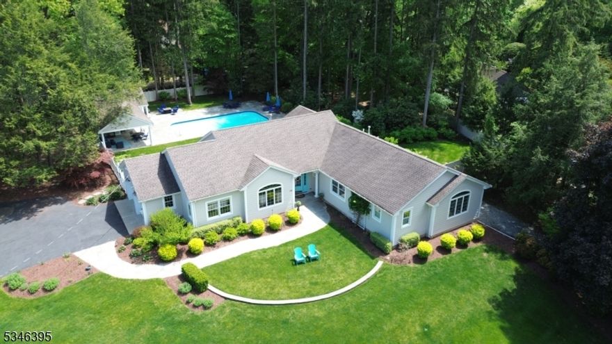 Spectacular location & setting! Renovated 4+ BR home with pool & poolhouse in sought-after San Jacinto Estates in Allendale. Completely redone top-to-bottom in 2014, this sprawling home boasts beautiful hardwood floors, high ceilings, oversized windows & luxurious finishes throughout. Built for entertaining yet practical for everyday living. The main level has a wonderful open floor plan, 4 bedrooms including the primary suite, 2.5 baths, custom office, laundry, mudroom & 2 car garage. The gourmet kitchen with island enjoys views over the amazing private acre grounds. Designed for indoor/outdoor living with a heated pool and incredible pool-house (redone in 2019) with full kitchen, full bath, laundry, huge covered porch, change rooms & bluestone patio. Finished lower level with potential 5th BR, full bath, wet bar, playroom & storage. Nothing to do but unpack. Top-rated school district; Truly the best of one level living! Owner has NJ real estate license.