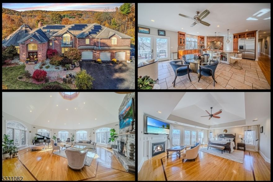 Beyond Awesome!This stunning, detailed 5 BR, 5.5 Bath estate is like a private resort, offering approx 7,000 sf of luxury living on 6.8 acres with breathtaking mountain and sunset views. Designed for comfort and elegance,  enter through a grand foyer, featuring hydronic heated floors, a chef's kitchen with a gourmet Viking range and a center island complete with sink and wine refrigerator, plus 4 fireplaces-3 wood-burning and 1 gas. The primary suite boasts a private balcony, gas fireplace, 3 walk-in closets, and a spa-like bath with a jetted tub plus a shower/steam room. 3 additional bathrooms also feature jetted tubs for ultimate relaxation. The walk-out lower level is an entertainer's paradise with a wine cellar, full wet bar, media and game rooms, sauna, steam room, gym, and stone fireplace. This space seamlessly extends to outdoor patios including 2 with fire pits, perfect for gatherings or enjoying the hot tub.This energy-efficient home includes solar panels with 24 hrs of backup electricity, an electric fast car charger, and a 3-car attached garage with ample space. The property's potential for farm assessment adds unique versatility regarding property taxes. Located in a town known for top-rated schools, here you are surrounded by nature, yet close to shopping, restaurants, and major highways. This estate combine serene surroundings with unmatched privacy, luxury, and comfort.Schedule your private tour today to experience the lifestyle this extraordinary home offers!