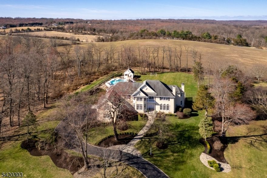Anchoring a picturesque cul-de-sac in an estate-style Montgomery Township enclave, this striking home is defined by soaring ceiling heights and a luminous, all-white palette that amplifies light and space at every turn. A dramatic two-story foyer with a sweeping butterfly staircase sets the tone, opening to interiors that feel both refined and effortless. At the heart of the home, the marble-dressed kitchen openly flows into the great room, which rises to impressive heights, wrapped in expansive windows that frame long, scenic views and flood the whole space with sunlight. Step out to the stone terrace, the stage for magical sunsets and memorable summertime entertaining. The private, resort-like backyard is surrounded by bucolic rolling land with a free-form pool and spa as the centerpiece. A pool house with a kitchenette and half-bath is as darling as it is functional. The home?s thoughtfully designed layout includes a first-floor guest wing complete with its own fireplace, offering comfort and privacy for visitors. Upstairs, the primary suite is elevated by a chic, new bathroom with a luxurious rain shower and heated tile. This palatial retreat also boasts a sunlit sitting area, fireplace and generous walk-in closets. Additional bedrooms are well-proportioned, while an enormous bonus room invites epic sleepovers and imaginative play. The three-car garage and full semi-finished basement easily store seasonal items and more.