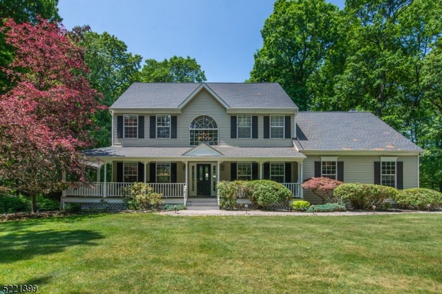 Well maintained younger colonial with in-ground pool and privacy!  Rocking chair wrap-around front porch leads to two story foyer and hardwood flooring throughout the first floor.  Center island cherry eat-in kitchen with granite counter tops and pantry, first floor laundry, formal living and dining rooms with French doors, step-down family room with Jotul wood stove, vaulted ceiling and newer skylights, first floor office and powder room complete the main living space.  Primary suite offers large bedroom with tray ceiling, 2 walk-in closets and sitting room, 3 additional generous sized bedrooms and main bath with tubshower complete the second floor.  Unfinished basement with high ceilings, inground pool wtih waterfall feature surrounded by aluminum fencing, deck overlooking private backyard, new roof, gutters and skylights in 2021, paver walkway, newer AC unit in 2020, furnace in 2018, new hot water heater in 2021, Long Valley schools and West Morris Central High School with IB Program are additional features.