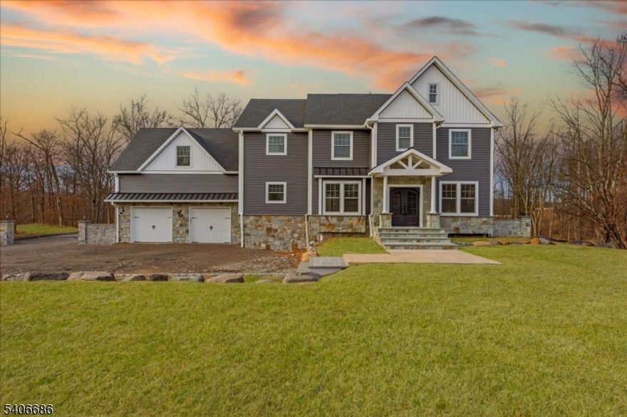 Custom craftsmanship and meticulous attention to detail create a sophisticated and spacious modern living experience in this newly constructed residence! The 4 bedroom, 3-1/2 bathroom, 5 car garage home features premium products, state-of-the-art appliances, luxury fixtures and finishes, and hardwood flooring. The light-filled, open-concept design seamlessly integrates the eat-in kitchen, family room, and dining room, creating an ideal space for entertaining. The gourmet kitchen is a focal point, boasting a center island and a breakfast bar, a walk-in pantry, and a butler's pantry, along with a convenient mudroom. There is a dedicated office space for your professional needs.The private primary suite is a serene retreat, complete with a spa-like bathroom featuring a double vanity with quartz countertops, soaking tub, amazing shower and a large walk-in closet. A flexible space adjacent to the primary suite can be customized into a sitting room, an additional walk-in closet, a gym, or other desired amenities. This floor also includes a laundry room and a hall bath, with one bedroom offering an en suite bathroom. This unique residence in Hunterdon County is set on 1.27 acres and offers a lifestyle defined by sophistication, convenience, and natural beauty. Its spectacular location provides easy access to Route 78, dining, shopping, recreation, and the adjacent Hoffman Park, all within a blue-ribbon school district. If you hurry there is still time to pick paint colors.