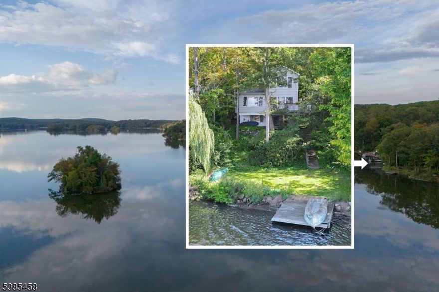 Located on the southeast shore of 350-acre Highland Lake, this classic three-level, 3BR/2BA lakefront offers 65' of shoreline, a private dock, and long water views. The light-filled living space features wood floors, cathedral ceilings and a fieldstone fireplace. The adjacent dining area and bright kitchen lead directly to a wide lake-view deck ideal for coffee at sunrise and dinners at dusk. Two bedrooms share the entry level. The entire second floor includes a private primary suite with full bath, generous closet and lake vistas. The walkout lower level extends the living space with a flexible bonus room warmed by a wood stove, plus storage, laundry, and utilities. Step out to an attached screened room for weather protected outdoor enjoyment. Features include: NEW September 2025 roof, 2002 addition/renovation created the second-floor primary suite and refreshed the kitchen; a 1,000-gal concrete septic with dual 500-gal seepage pits rated for 2 bedrooms (2001) and a 200' deep well. Originally built in 1950, the property blends timeless character with modern comforts. Enjoy Highland Lakes' five pristine lakes, seven guarded beaches, and a bustling clubhouse scene sailing, tennis, bocce, swimming, and more. Winter sports are just a short drive away at Mountain Creek. A welcoming waterfront retreat, ready for its next chapter.