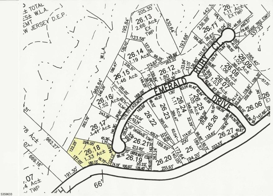 1.33 acre residential building lot at Emerald Estates in Hardyston.  Great opportunity to own a homesite and build your dream home in a subdivision located across the street from the Hardyston Middle School and the Hardyston municipal complex which offers a walking path, ball fields and playground.  This homesite is located at the end of a cul-de-sac and surrounded by newer existing homes and other new homes currently being built.  The property is serviced by natural gas, underground electric, well water and septic plans which are approved.