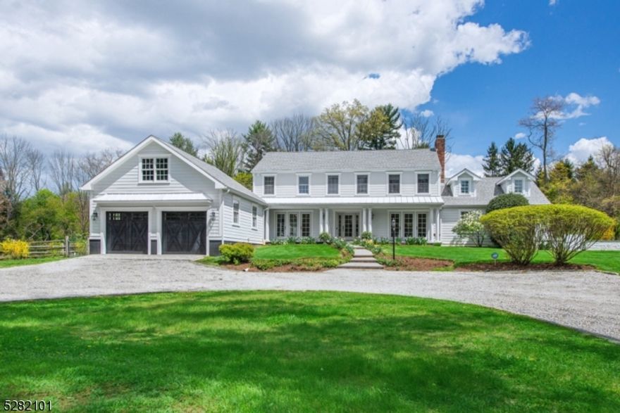 EXTRAORDINARY HARDING RETREAT - This tastefully renovated country home is situated at the end of a private lane. Classic yet modern, the light-filled rooms offer a thoughtful combination of open and private spaces for work, play, and entertaining. The flat bucolic property features a heated pool and spa, stone patios, established perennial gardens, a gas fire pit, and a charming four stall horse barn. The centerpiece of the carefully conceived main level is a sophisticated and spacious kitchen flowing into a bright family room with adjoining patio. On either side of the entry foyer, the formal living and dining rooms feature french doors leading to the covered front porch. The spacious first floor primary suite, with dressing room and renovated bathroom, features its own private raised patio. There are four additional bedrooms on the second floor and two full baths. This private country compound is ideally located less than five miles from vibrant downtown Morristown and 40 miles from midtown Manhattan.