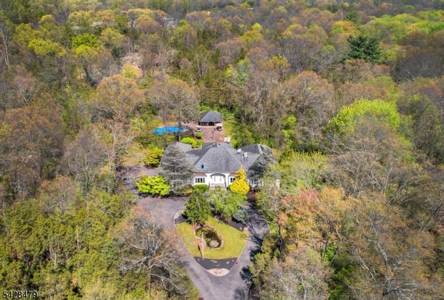 Set on 9 private acres, this exceptional 5-bedroom, 4.5-bath estate offers resort-style living with the added benefit of farm-assessed taxes. A grand two-story foyer with sweeping staircase is flanked by a formal dining room and elegant entertainment space. The family room with fireplace, custom built-ins, and exterior access creates a warm, inviting setting. The kitchen is privately set just beyond the living room, with a Butler's pantry providing a seamless connection to the formal dining room ideal for both everyday living and entertaining. The main-level primary suite serves as a private retreat with dressing room, custom built-ins, walk-in closet, and ensuite bath. Two additional bedrooms and a full bath are positioned in a separate wing. An ensuite bedroom with backyard access offers flexibility as a guest suite. A large laundry room and access to the three-car garage complete the level. The upper level features a library/office, two bedrooms, a full bath, and access to a spacious walk-in attic. The finished lower level offers multiple flexible-use rooms, a gym area, abundant storage, and walk-out access. Outdoor amenities include an in-ground pool, pool house, expansive deck, hot tub, and a serene front-yard pond. Solar energy significantly reduces utility costs, enhancing the efficiency of this exceptional property.