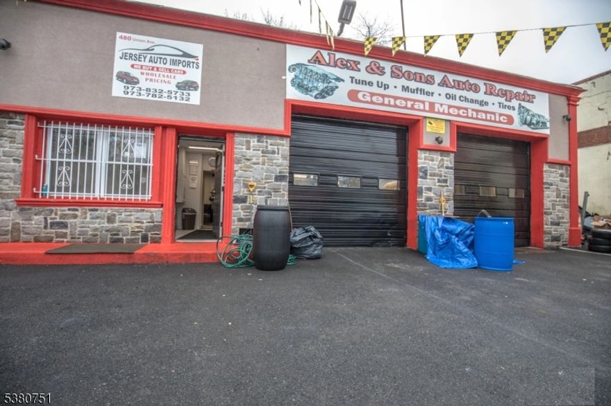 Lease Value: $7,000/Month + Taxes + Insurance.Great opportunity to purchase a freshly, re-modeled auto repair garage building and lotin a very busy, high traffic area. Recently, Renovated in 2018 with new electrical,plumbing, and heating; a $12k Camera Security System; remodeled interior andexterior; new equipment for the garage bay area( see documents for list of items); and paved driveway. Not only can you repair vehicles you can even repair 10 to 30passenger school buses and vans. Currently, being used as auto dealer and auto/busrepair. Situated next door to a high traffic car wash on Union Ave. Come see this Great Investment.Address is 476-480 Union Ave. Paterson, NJ   "Alex & Sons Auto Repair"