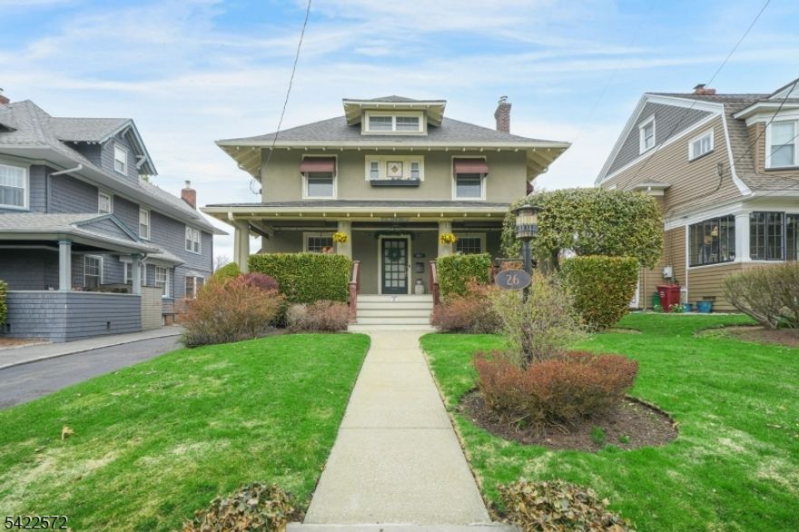 Completely renovated while preserving the character and craftsmanship of this 120-year-old residence, this home delivers a rare blend of history, beauty, and modern comfort. The quality, value, and integrity of this exceptional property are undeniable. Enjoy quiet mornings or evening gatherings on the spacious private front porch or retreat to the back deck overlooking a park-like backyard, perfect for entertaining. Inside, modern upgrades include central air conditioning for year-round comfort and a fireplace that adds warmth and ambiance on colder nights. The second floor features a classic clawfoot soaking tub, offering a timeless space to unwind. Set on a peaceful street in the Spring Garden section of town, this 1906 home was designed by renowned architect William Lambert. Ideally located near Nutley parks, downtown, NYC transportation, Hackensack Meridian School of Medicine, and Spring Garden School. Original details remain beautifully intact, including stucco exterior, rich chestnut woodwork, stained glass windows, a leaded glass corner cabinet, parquet floors in the living and dining rooms, decorative ceilings, and intricate wall and floor trim. This is not just a home. It is a piece of Nutley's history, thoughtfully brought into the present.