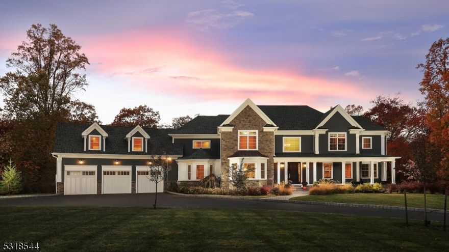 Gorgeous Custom Home built in 2020 with 2.25 acres of flat beautifully landscaped private property located in a sought after neighborhood close to shopping, all major highways, and top rated schools including Pingry. Offering 5-6 Bedrooms, 4.5 Baths, 6,200 sq ft of finished living space across 2 levels, exceptional floor-plan, hardwood floors throughout, detailed millwork, oversized windows, grand paved and curbed driveway leading to a 3 car garage outfitted with built in storage and new flooring. The 1st Floor features a two story foyer, open floor plan leading to the elegant living room, dining room, private office with french doors and private access to the covered front porch, an oversized family room with coffered ceiling and custom built-ins with gas fireplace, open to the high-end kitchen with a dramatic center island, Viking 8-burner gas stove, designer wet bar, walk in pantry, a guest en-suite, a large mudroom/laundry room with cubbies and storage, and 2 sets of french doors leading out to the back patio which overlooks the picture perfect backyard. The 2nd Floor features 4-5 spacious bedrooms, including a hotel style Primary suite with dressing area, gas fireplace, 2 walk in closets, luxurious spa like bath with heated floors, oversized walk in glass shower, freestanding tub and 2 separate vanities. Smart Home technology, Electric Charger in garage, Paver Patio and walkway, Stone and Hardie Siding, and an oversized Bonus room above garage recently finished!