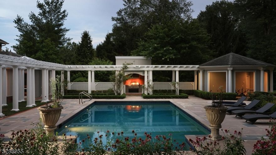 Opportunity awaits to own this one of a kind full brick custom home, and enjoy the backyard oasis with in-ground pool, spa, patios, balconies, pergolas, screened in porch with fireplace, outdoor kitchen with dining area & so much more!This special home is situated on private, lush, landscaped grounds in a beautiful cul-de-sac.From the moment you enter through the gorgeous mahogany front doors, one will be impressed by the custom moldings throughout, oversized windows, and modern updates. A two-story foyer and formal great room with grand marble fireplace and wall to wall patio doors and windows that look out to the breathtaking backyard.The newly renovated kitchen is a chef's dream with oversized center island, separate breakfast nook, stainless steel appliances, wolf range, quartz countertops & an abundance of cabinet space.The cozy family room with fireplace, is connected to the private screened-in porch.The 1st floor also features a grand office with custom millwork and fireplace, bedroom with full bath, powder room, elegant dining room with a terrace and a new laundry room.The 2nd floor has 4 spacious bedrooms including the primary bedroom suite, and a spa like bathroom. Finished Lower Level with recreation room, game room, full bath and media room.3 car garage, circular driveway, radiant heat under all tiled floors, walk up attic, 4 fireplaces, and only 30 min to Newark Int'l Airport, 45 min to NYC, close to all major highways, and top rated schools including Pingry.