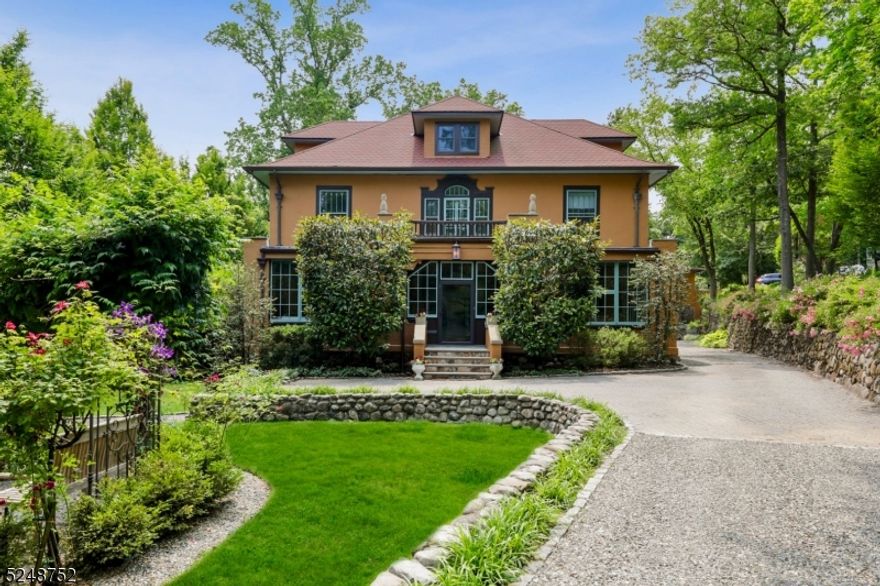 Welcome to this majestic Mediterranean colonial, truly a one of a kind turn-key home. Stunningly restored and renovated by Kevin Huffman of KDH Home & Design, a home of this quality is rarely available. Situated on an estate-like .53-acre lot, the property boasts a separate carriage house with a 633 sq. ft. one bedroom apartment. Inside the 4620 sq. ft. main house, architectural details & modern amenities combine effortlessly, with spacious rooms, high ceilings, designer finishes, original stained glass windows, & custom built-ins. The first floor enjoys an enclosed front porch, foyer, living room with wbfp, sitting room, dining room, & powder room. The gourmet cook's kitchen is an entertainer's dream, connecting seamlessly with outdoor dining & living areas. Large windows & a skylight bathe the space in natural light, while top-of-the-line appliances, dual islands & custom cabinets cater to the needs of the most discerning chef. The second floor includes laundry, four bedrooms, & two full baths. The primary suite is a private retreat, offering a custom closet, sitting room, & spa-like bathroom. The third level finds a sitting area, two bedrooms & luxurious full bath. Finished lower level with a rec room, exercise room, powder room, storage & wine cellar. The professionally landscaped lot has been completely transformed, with new stone walls, patio, pergola, lawns, & circular driveway. Enjoy an unparalleled living experience just .7 miles to town & train.