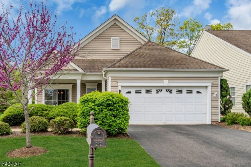 Welcome to 282 Longwood Lane, a beautifully maintained home in the premier 55+ community of Somerset Run. Tucked along a quiet, well-kept street, this 2 BDR, 2BA residence offers a peaceful setting with a tree lined backyard that provides privacy and a natural backdrop. The southeast facing side entry door welcomes soft morning light, while the covered porch off the kitchen, facing north, offers a shaded retreat ideal for afternoon relaxation. Inside, the living room features a vaulted ceiling, creating an open, airy feel that flows seamlessly into the bright sunroom overlooking the private yard. The primary bedroom stands out with its dramatic floor to ceiling, bay window and elegant tray ceiling, adding architectural interest and warmth. The suite continues with a spacious WIC, primary bath offering a soaking tub, double vanity, linen closet, and a shower stall with a built-in seat, a thoughtful blend of comfort and convenience. The second bedroom is perfectly suited for guests, an office, or hobbies. Residents of Somerset Run enjoy resort style amenities including a clubhouse, indoor/outdoor pools, fitness center, tennis and pickleball courts, and a vibrant social calendar. The community's prime location offers easy access to highways, shopping, dining, medical facilities, Rutgers University, that makes Somerset Run most desirable active adult community in the area. OPPORTUNITY KNOCKS - COME AND GET IT!