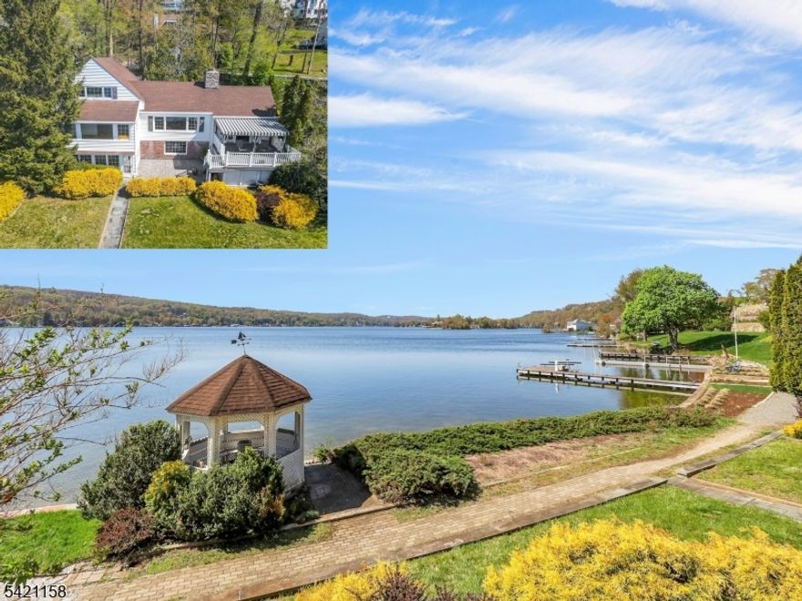 This is a rare opportunity to own one of Lake Mohawk's most coveted waterfront settings! Experience premier lakefront living in this original Crane-style lakehouse, ideally within walking distance to the charming town in the heart of the lake community. Set on manicured grounds with breathtaking sunrises and sunsets and one of the most expansive lake views, this home showcases exceptional craftsmanship, soaring ceilings, and thoughtful design throughout. Just minutes walking distance to the highly sought-after LM Plaza, this 4BR, 3 BA residence blends comfort, elegance, and refined amenities. The main level features an open-concept living room with a wall of windows centered by a striking stone wood-burning fireplace, plus a separate sitting room. The updated kitchen with dining area opens to an expansive trex deck, perfect for entertaining or enjoying the serene lakeside setting. Additional first-floor highlights include 2 bedrooms with a full bath. The primary suite can be on the main level or second floor, with additional bedrooms upstairs. The finished lower level offers a spacious den with a fireplace, walkout access to the level backyard, gazebo, a sunroom overlooking the lake, and a full bathroom. A two-car garage and abundant storage throughout complete this exceptional home. Whether a weekend retreat or full-time residence, embrace all that LM offers year-round swimming, boating, kayaking, beaches, clubhouse, tiki bar, outdoor dining, and more!