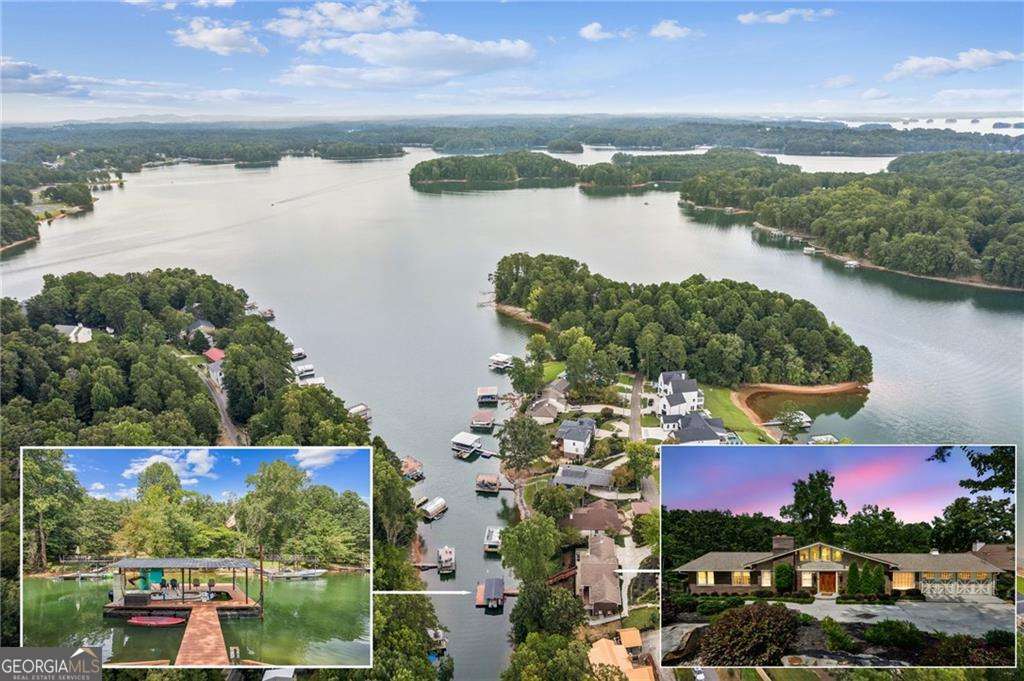 SOUTH LAKE SERENITY!!! AND ONLY 5 MINUTES FROM EXIT 14(HWY400) and all Marketplace Boulevard's RESTAURANTS AND SHOPPING! Very easy boat access to the MAIN LAKE, and only 15 MINUTES TO MARGARITAVILLE/LANIER ISLANDS (by boat!) You are also very near to both Habersham Marina AND Baldridge Marina! THIS PICTURE PERFECT SOUTH LAKE SETTING only comes along every now and again...ESPECIALLY with the chance to have your own PRIVATE COVERED DOCK that is literally 48 STEPS FROM YOUR BACK DOOR! Enter the Majestic SOLID WOOD Double Front Doors and be WARMLY WELCOMED by a gorgeous WALL OF GLASS providing YEAR ROUND LAKE VIEWS from the Primary Living Areas (AND the Primary Bedroom as well!). Not only does this home have a total of the 4 BEDROOMS and 3.5 BATHS that you want, but also your own HOME OFFICE, and a full on HOME THEATER set up! We have to mention that there are KITCHENS on both the MAIN LEVEL AND TERRACE LEVEL, and FIREPLACES(wood or gas)AS WELL! And yes, you 'Guest' it!!! A VERY COOL GUEST SUITE/APARTMENT complete with it's own entrance that includes a ROOMY kitchenette, a BEAUTIFUL Murphy bed and very(VERY) FANCY bathroom with a HUGE Soaking Tub! It even has it's own laundry set up for your Guest's convenience! Completing this picture is a FENCED IN BACKYARD area that 'completely' surrounds the entire terrace level! And finally, this home is on CITY WATER AND SEWER, which is rare indeed on Lanier and another great selling point! Make arrangements to come see us soon!!